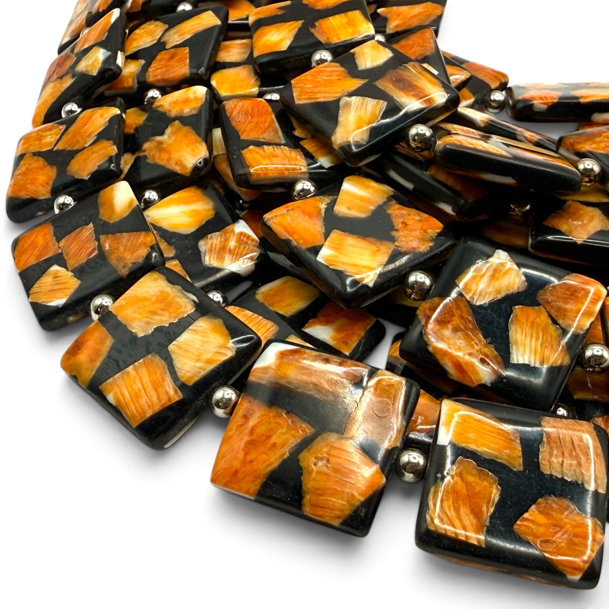 Spiny Oyster Shell Beads Mexico - Black Mosaic Inlay - Small Batch Production - Native American Style - Double Sided 20mm Square (G401)