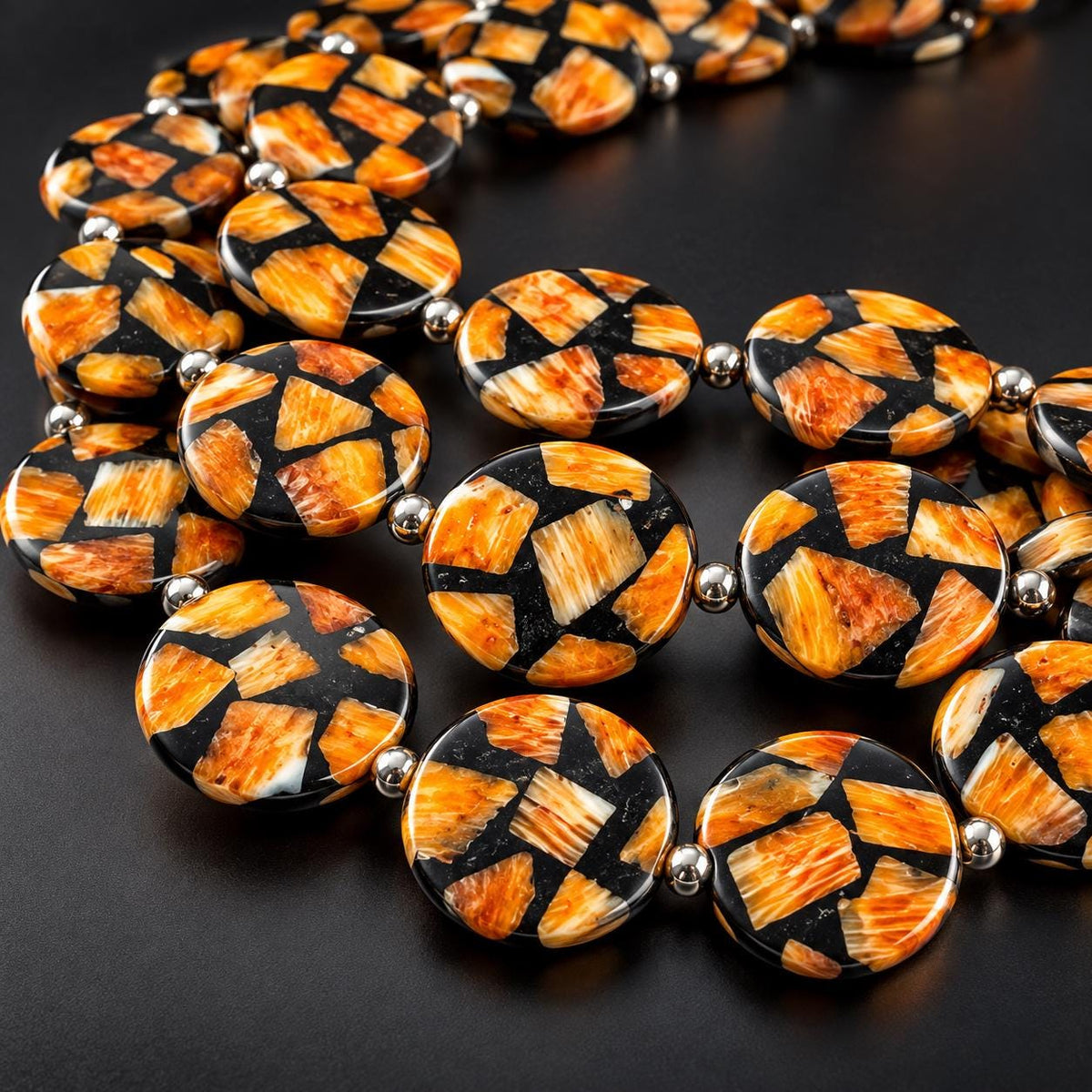Spiny Oyster Shell Beads Mexico - Black Mosaic Inlay - Small Batch Production - Native American Style - Double Sided 20mm Coin (F502)