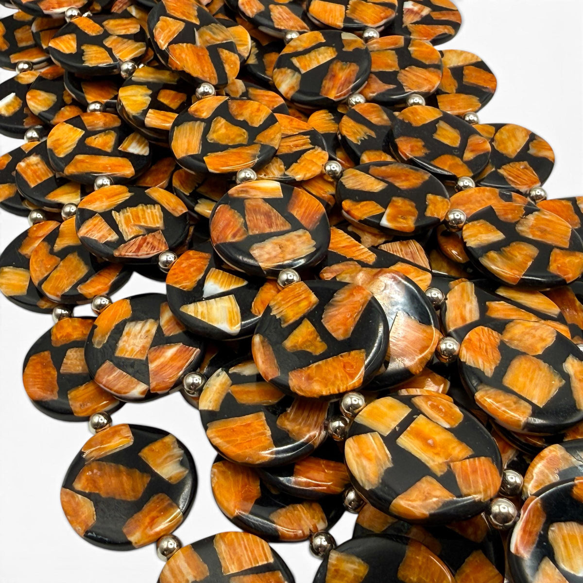 Spiny Oyster Shell Beads Mexico - Black Mosaic Inlay - Small Batch Production - Native American Style - Double Sided 20mm Coin (F502)