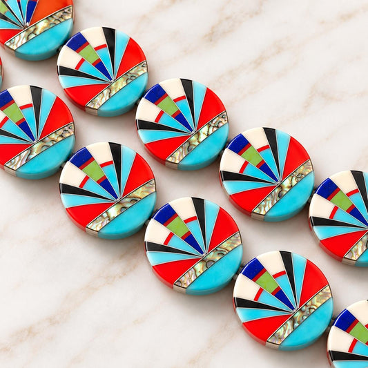 Native Style Inlay Beads - Abalone, Turquoise, Lapis, Red Coral, Mother of Pearl & Onyx - Double Sided 20mm Coin- 8 Inches - 10 Beads (F414)