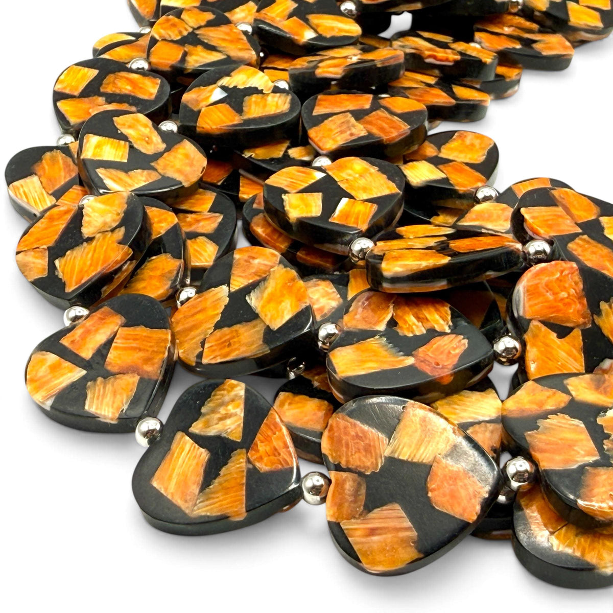 Spiny Oyster Shell Beads Mexico - Black Mosaic Inlay - Small Batch Production - Native American Style - Double Sided 20mm Heart (F503)