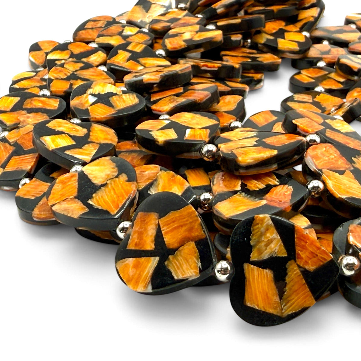 Spiny Oyster Shell Beads Mexico - Black Mosaic Inlay - Small Batch Production - Native American Style - Double Sided 20mm Heart (F503)
