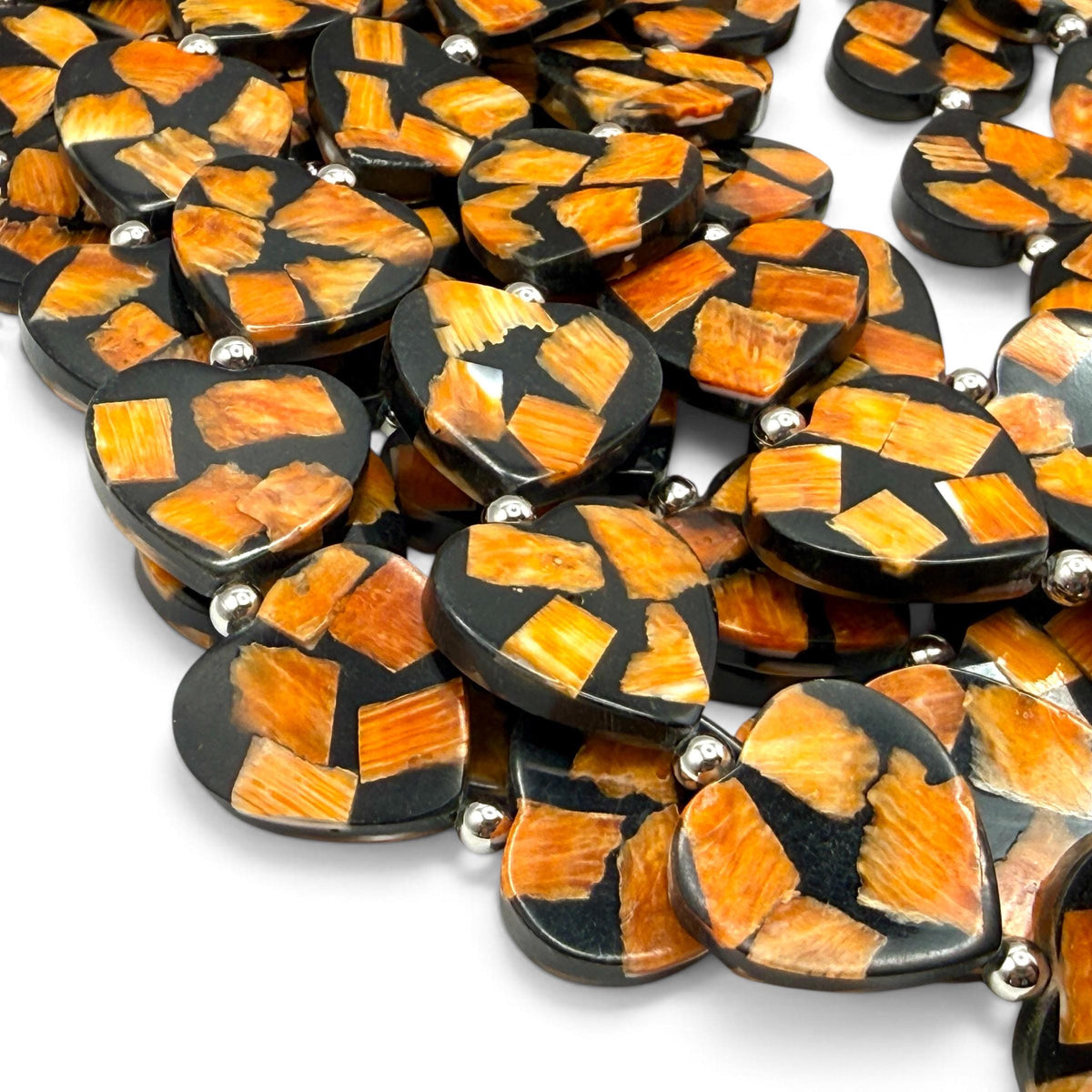 Spiny Oyster Shell Beads Mexico - Black Mosaic Inlay - Small Batch Production - Native American Style - Double Sided 20mm Heart (F503)
