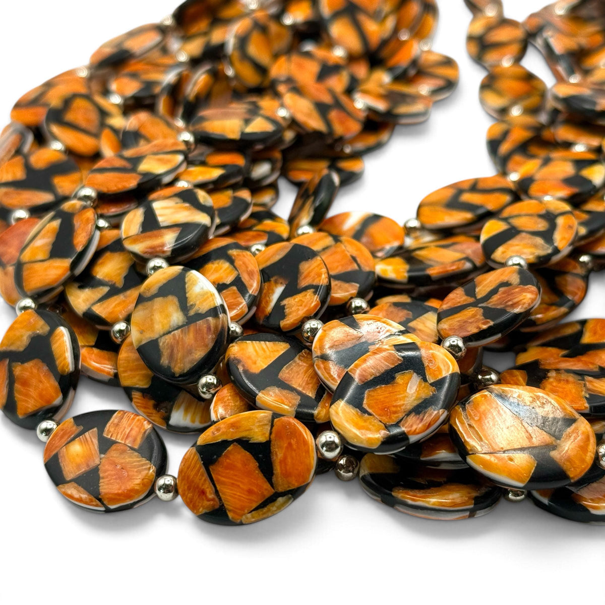 Spiny Oyster Shell Beads Mexico - Black Mosaic Inlay - Small Batch Production - Native American Style - Double Sided 15X20mm Oval (F504)