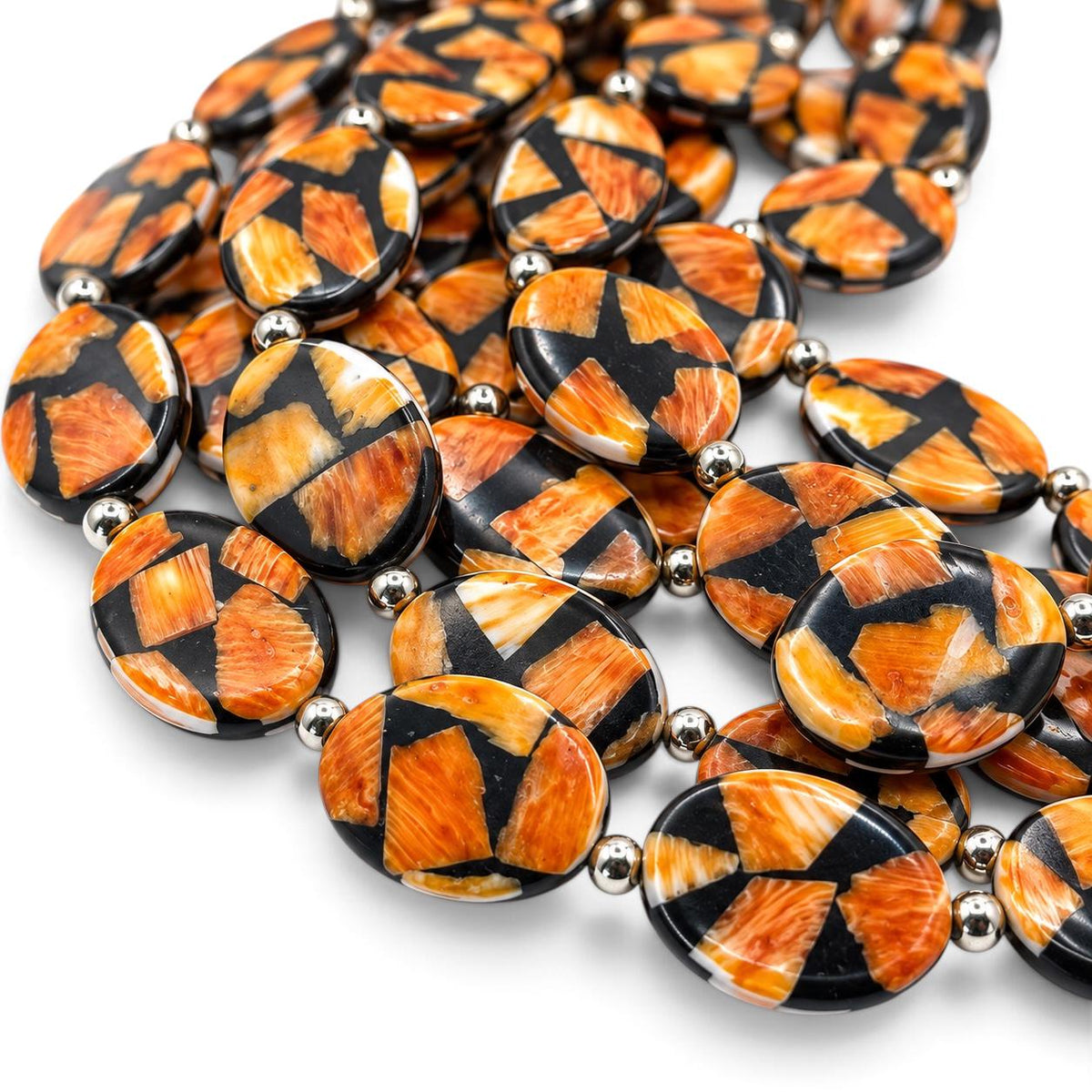 Spiny Oyster Shell Beads Mexico - Black Mosaic Inlay - Small Batch Production - Native American Style - Double Sided 15X20mm Oval (F504)