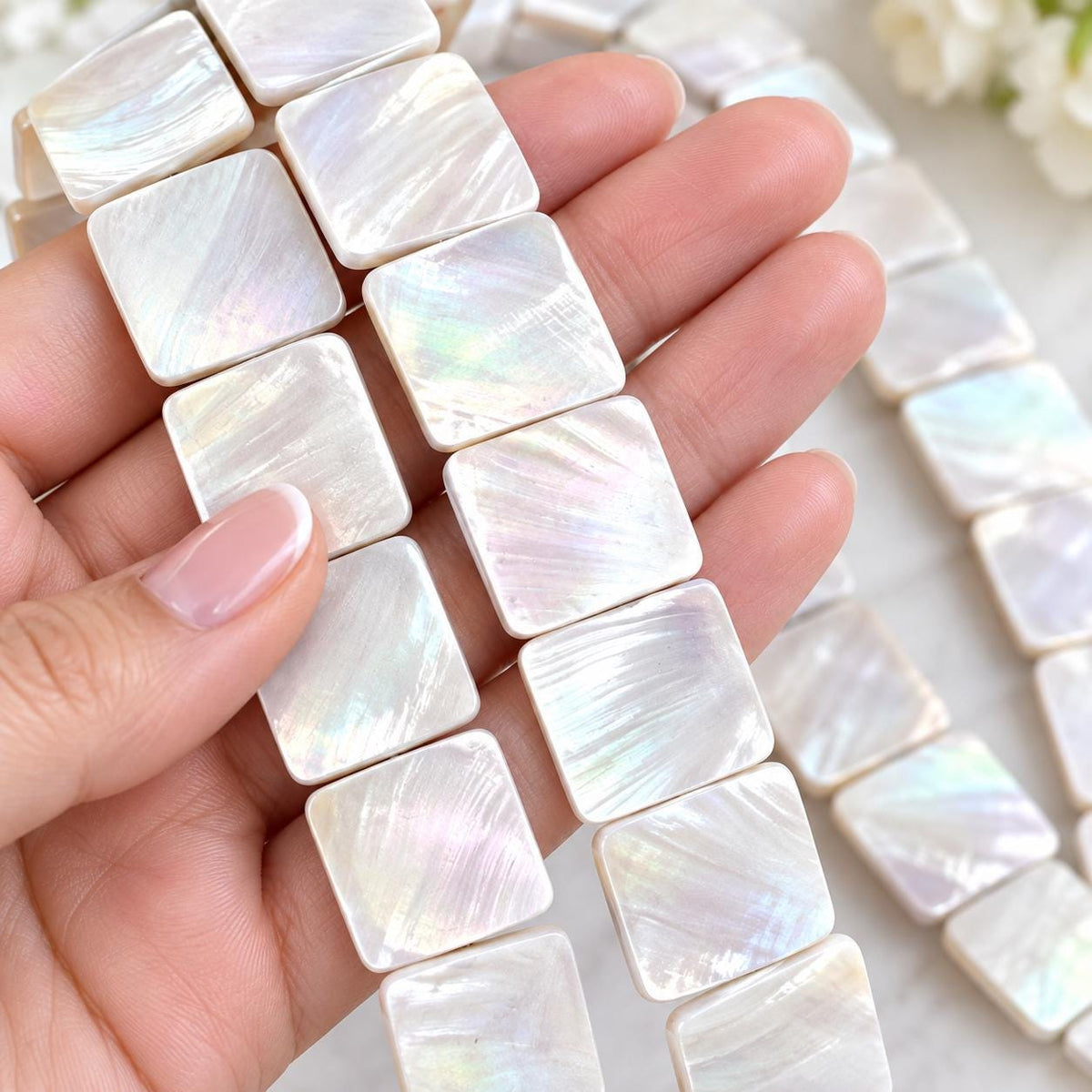 Real Mermaid Nautilus Shell Beads AAA - Thick Nacre & Iridescent Flash - Not Dyed or Color Enhanced - Double Sided Center Drilled Square