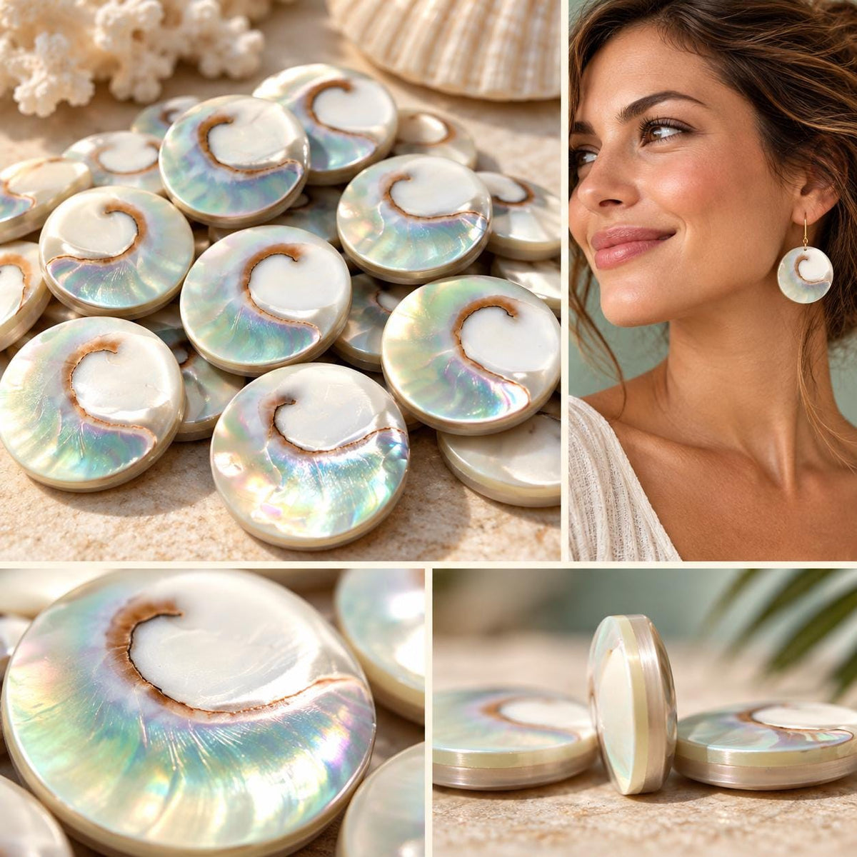 WOW Mermaid Nautilus Shell Beads AAA (Harmony Line) Thick Nacre & Iridescent Flash - Never Dyed or Color Enhanced - Center Drilled Coin