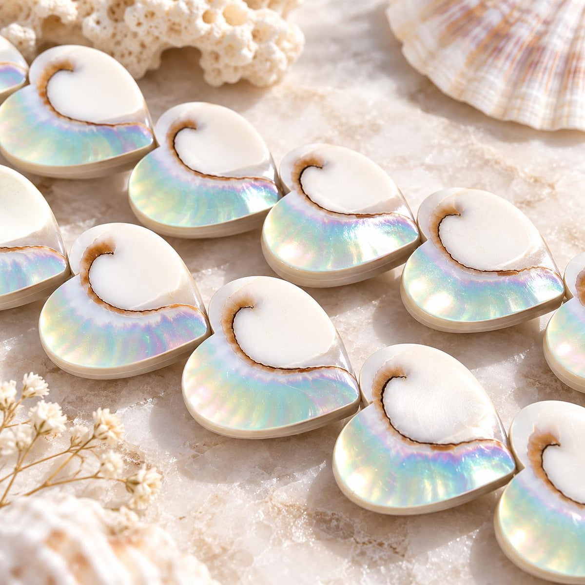 WOW Mermaid Nautilus Shell Beads AAA (Harmony Line) Thick Nacre & Iridescent Flash - Never Dyed or Color Enhanced - Center Drilled Heart