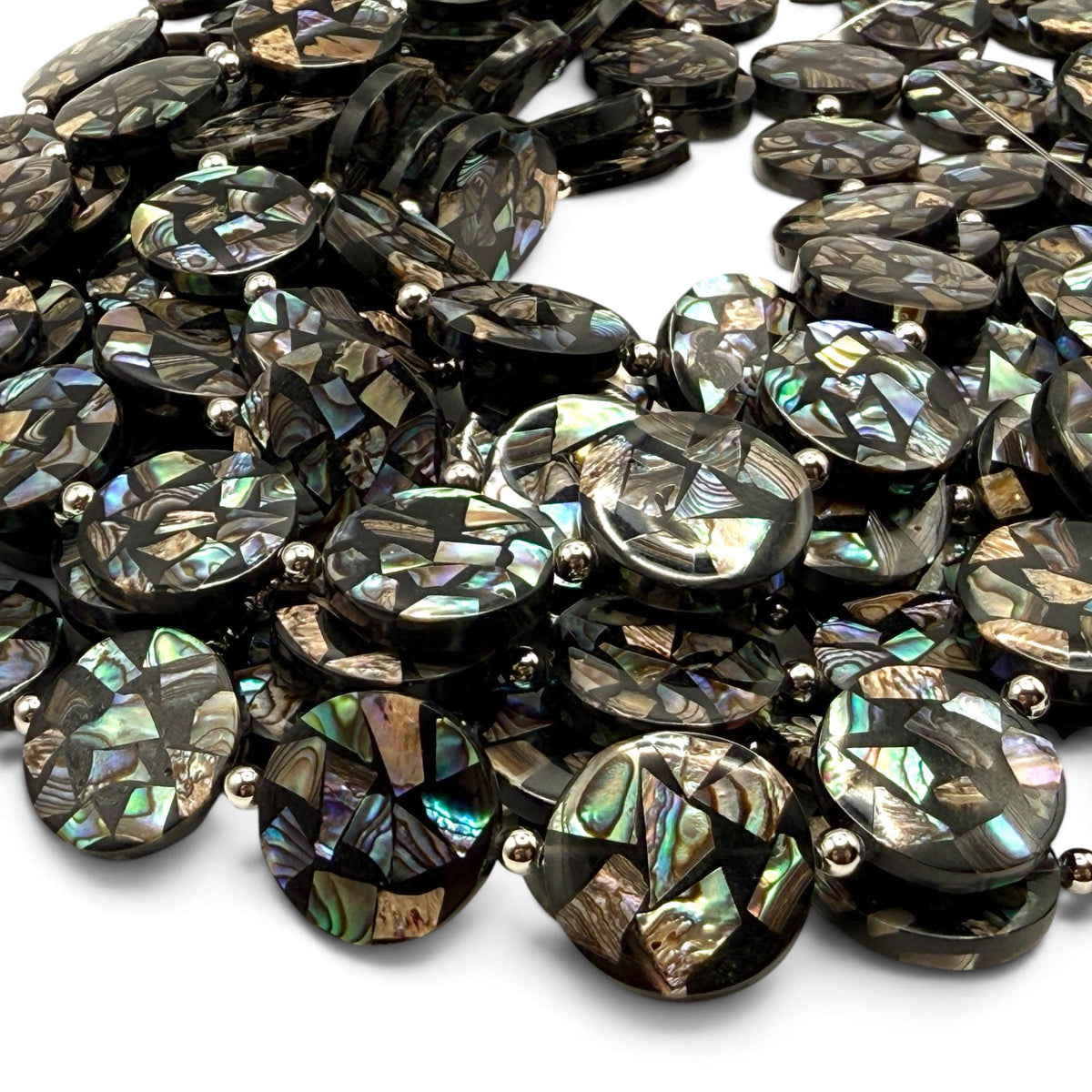 Abalone Shell Beads New Zealand - Black Mosaic Inlay - Small Batch Production - Native American Style - Double Sided 20mm Coin (F506)