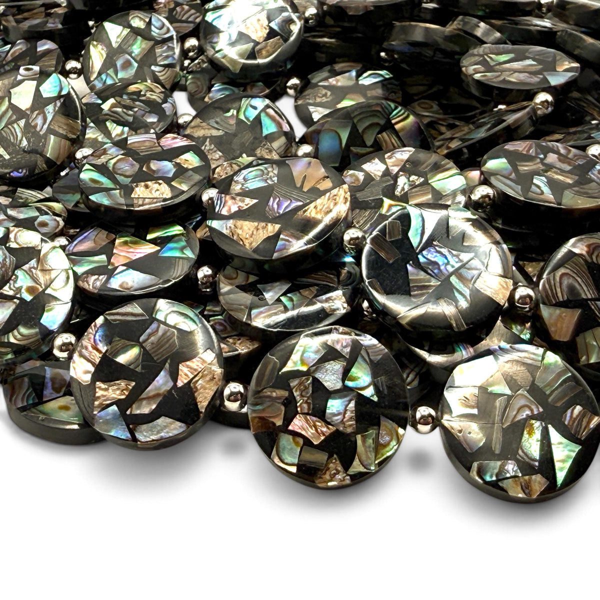 Abalone Shell Beads New Zealand - Black Mosaic Inlay - Small Batch Production - Native American Style - Double Sided 20mm Coin (F506)