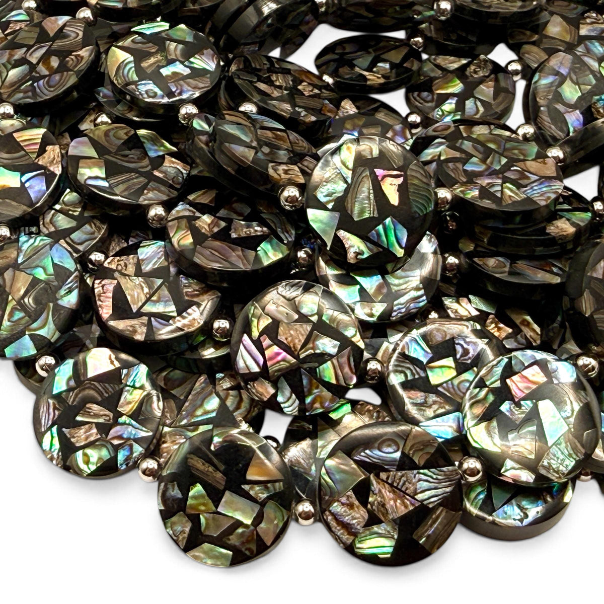 Abalone Shell Beads New Zealand - Black Mosaic Inlay - Small Batch Production - Native American Style - Double Sided 20mm Coin (F506)