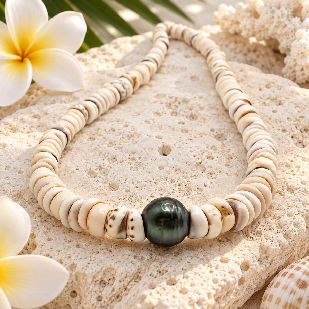 Authentic Tahitian Pearl & Puka Shell Beads- Premium Cup Shape - Minimal Bottom Cracking - 16 Inch, AA 9-10mm Pearl, 6-7mm Puka, No Clasp