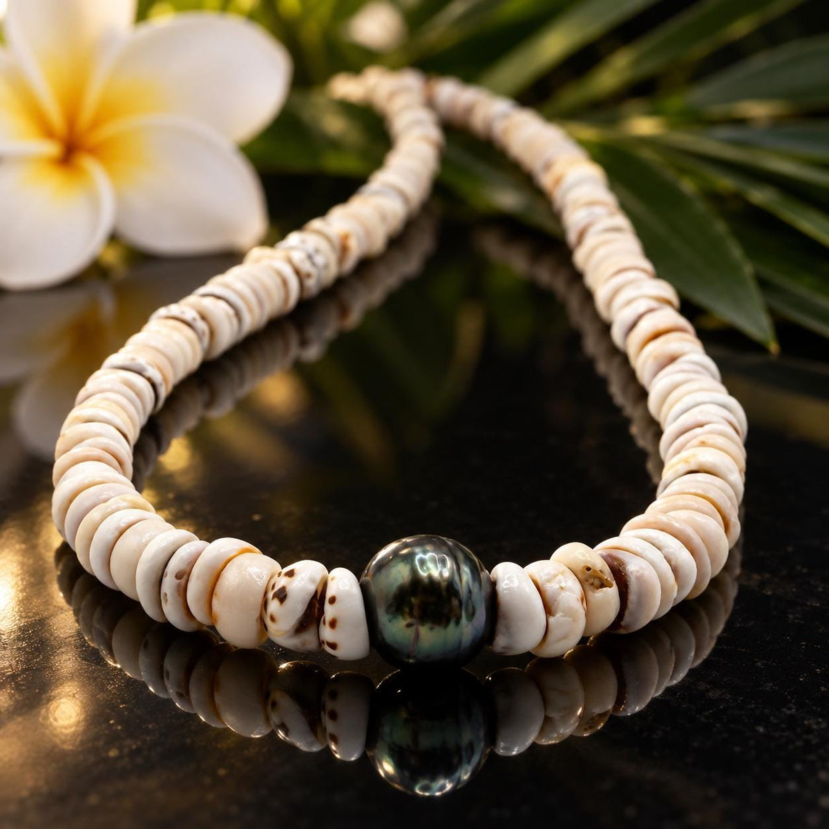 Authentic Tahitian Pearl & Puka Shell Beads- Premium Cup Shape - Minimal Bottom Cracking - 16 Inch, AA 9-10mm Pearl, 6-7mm Puka, No Clasp