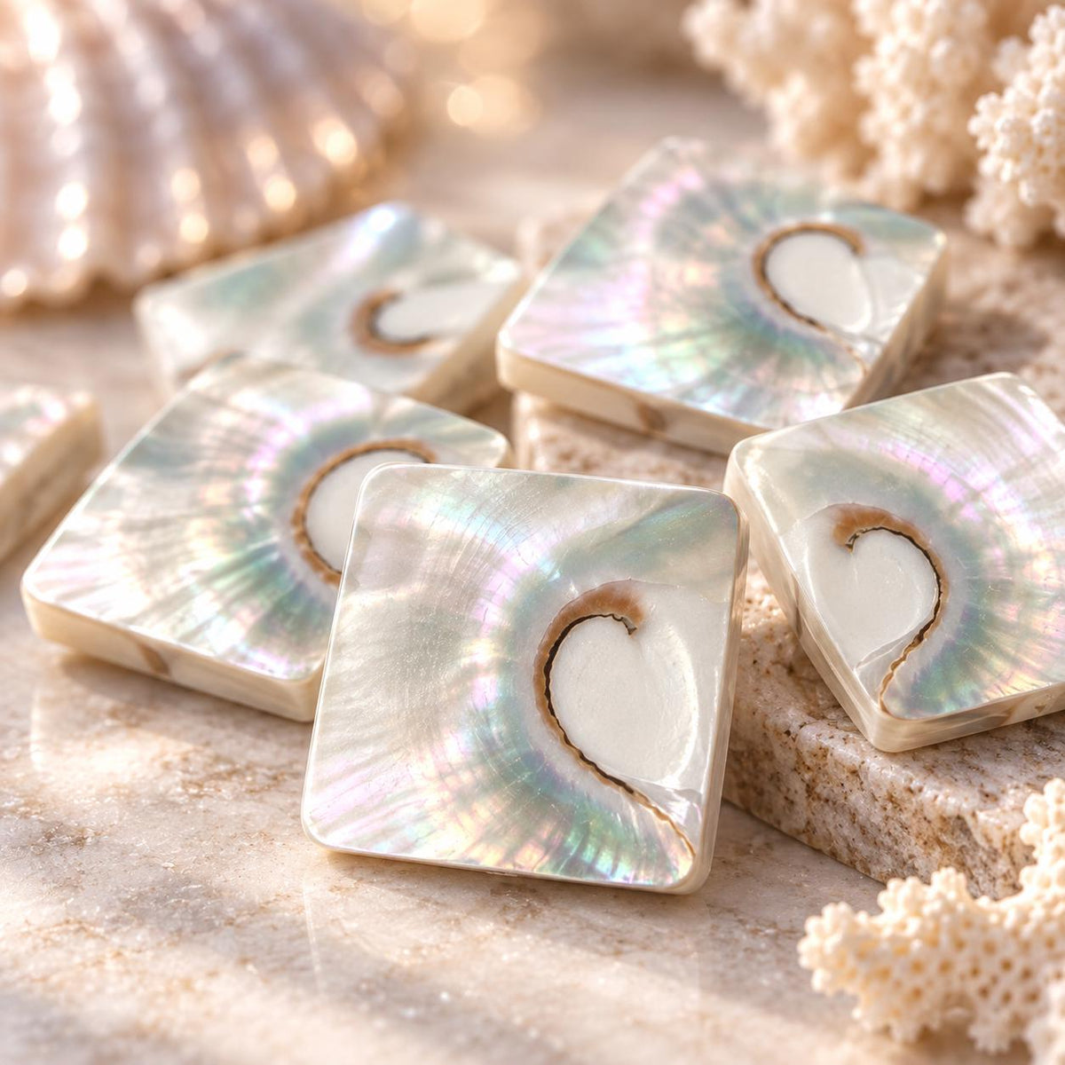 WOW Mermaid Nautilus Shell Beads AAA (Harmony Line) Thick Nacre & Iridescent Flash - Never Dyed or Color Enhanced - Center Drilled Square