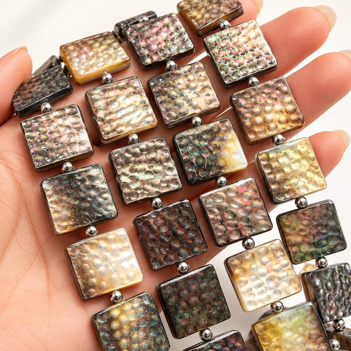 Tahitian Black Lip Oyster Shell Beads 3D Bubble Texture - Never Dyed or Color Enhanced - Iridescent Double Sided Square 20mm-  16 Pcs (G401)