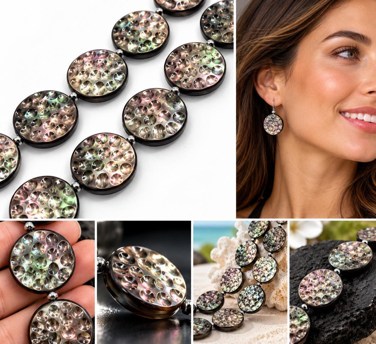 Tahitian Black Lip Oyster Shell Beads 3D Bubble Texture - Never Dyed or Color Enhanced - Iridescent Double Sided Coin 20mm - 16 Pcs (G402)