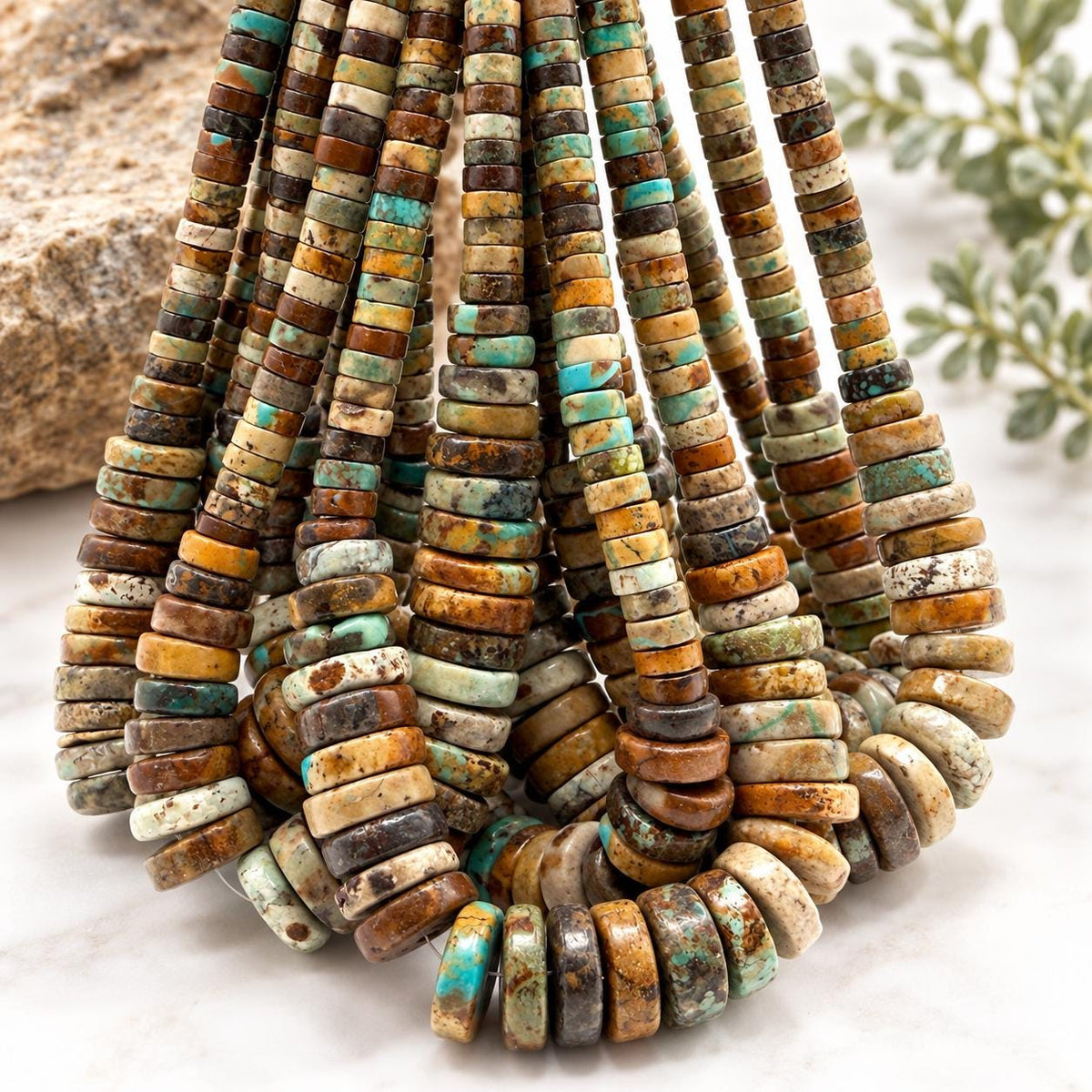JACLA-Style Graduated Turquoise Beads (Larger Bottom Smaller Top) Multicolor Earthy Brown Matrix - 3-4mm Extra-Thick Heishi 6-15mm - 16 Inch