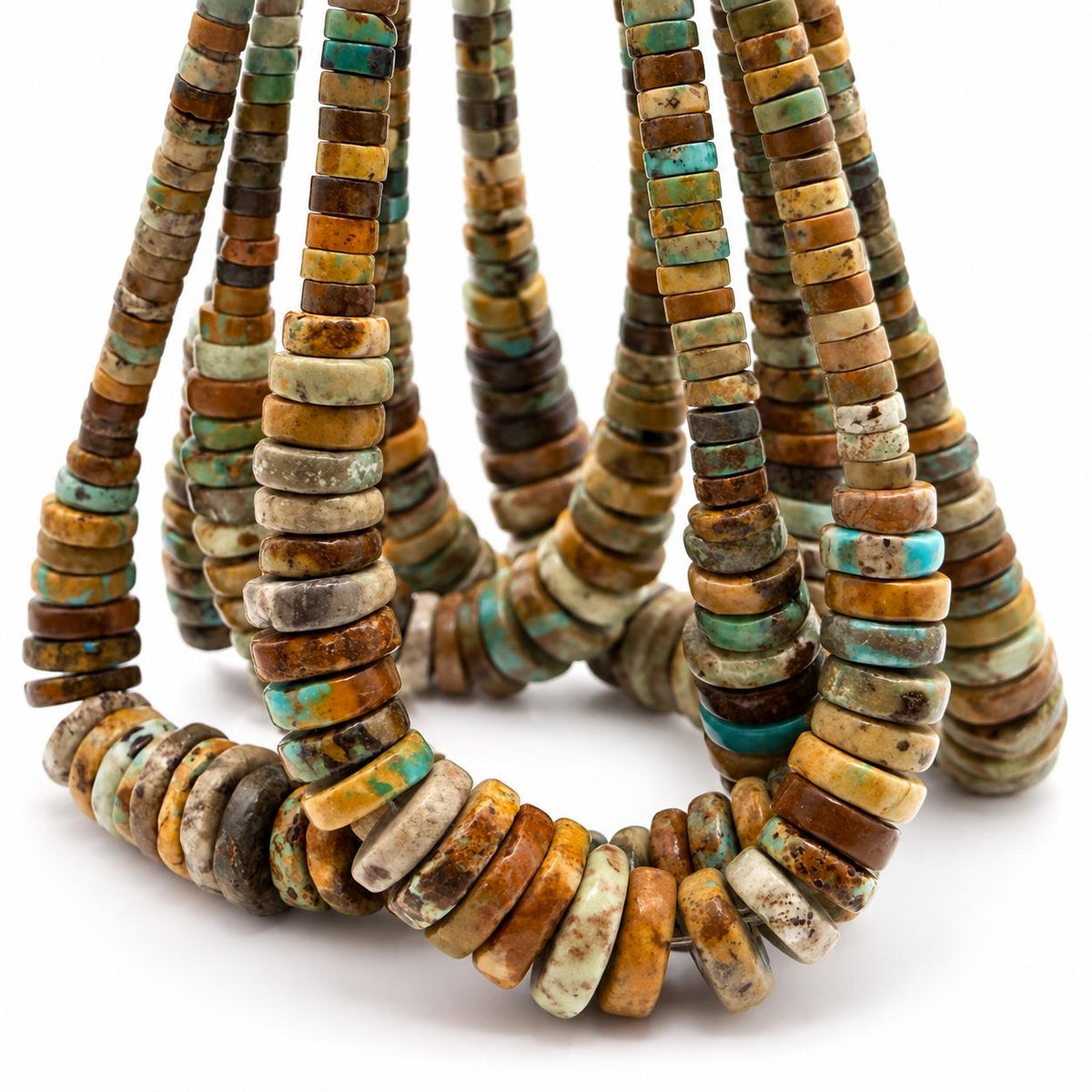 JACLA-Style Graduated Turquoise Beads (Larger Bottom Smaller Top) Multicolor Earthy Brown Matrix - 3-4mm Extra-Thick Heishi 6-15mm - 16 Inch