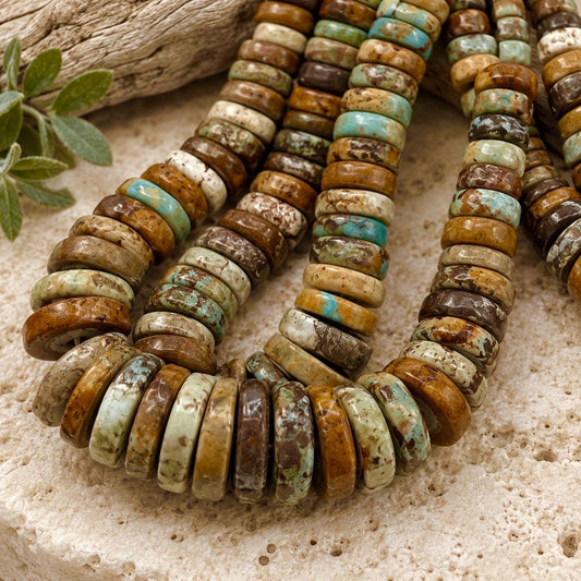 Graduated Extra-Thick Turquoise Beads - Multicolor Earthy Brown Matrix - Rare 3-4mm Thick - Men's Jewelry Making - Heishi 6-15mm- 16 Inch