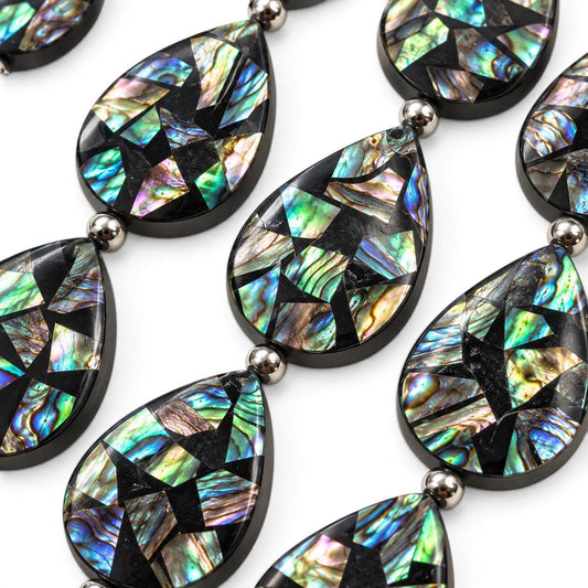 Abalone Shell Beads New Zealand - Black Mosaic Inlay - Small Batch Production - Native American Style - Double Sided 15X20mm Teardrop (F508)