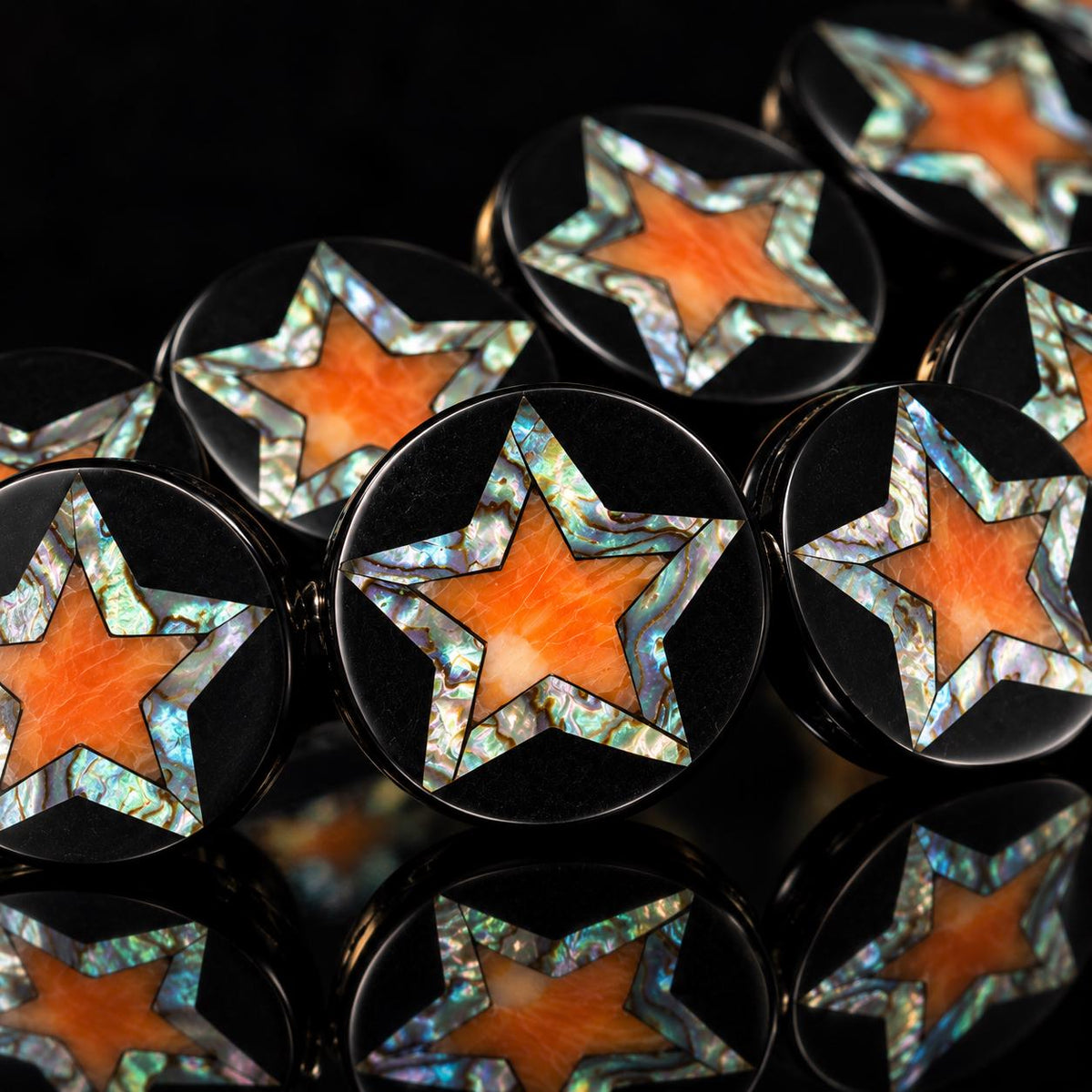 Spiny Oyster & Abalone Shell Beads - Black Mosaic Star Inlay - Small Batch Production - Native American Style- Double Sided 20mm Coin (F510)