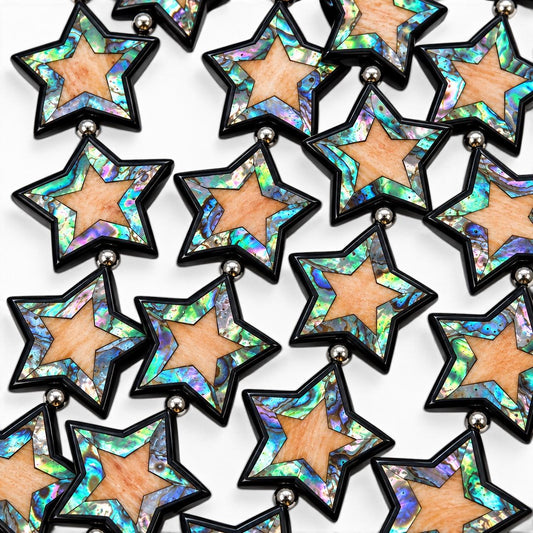 Spiny Oyster & Abalone Shell Beads - Black Mosaic Star Inlay - Small Batch Production - Native American Style- Double Sided 26mm Star (F511)