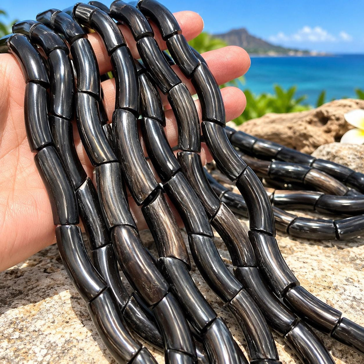 Real Buffalo HORN Beads - Black Luster Premium Polished - Naturally Curved Tube - Hand-Carved From Solid Horn Tip