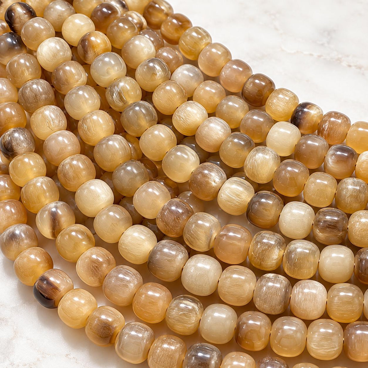 Real Buffalo HORN Beads - Amber-Tone Premium Polished - Hand-Carved From Solid Horn Tip - Smooth Off-Round - 15.5 Inch