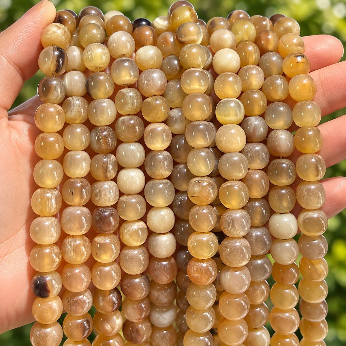 Real Buffalo HORN Beads - Amber-Tone Premium Polished - Hand-Carved From Solid Horn Tip - Smooth Off-Round - 15.5 Inch