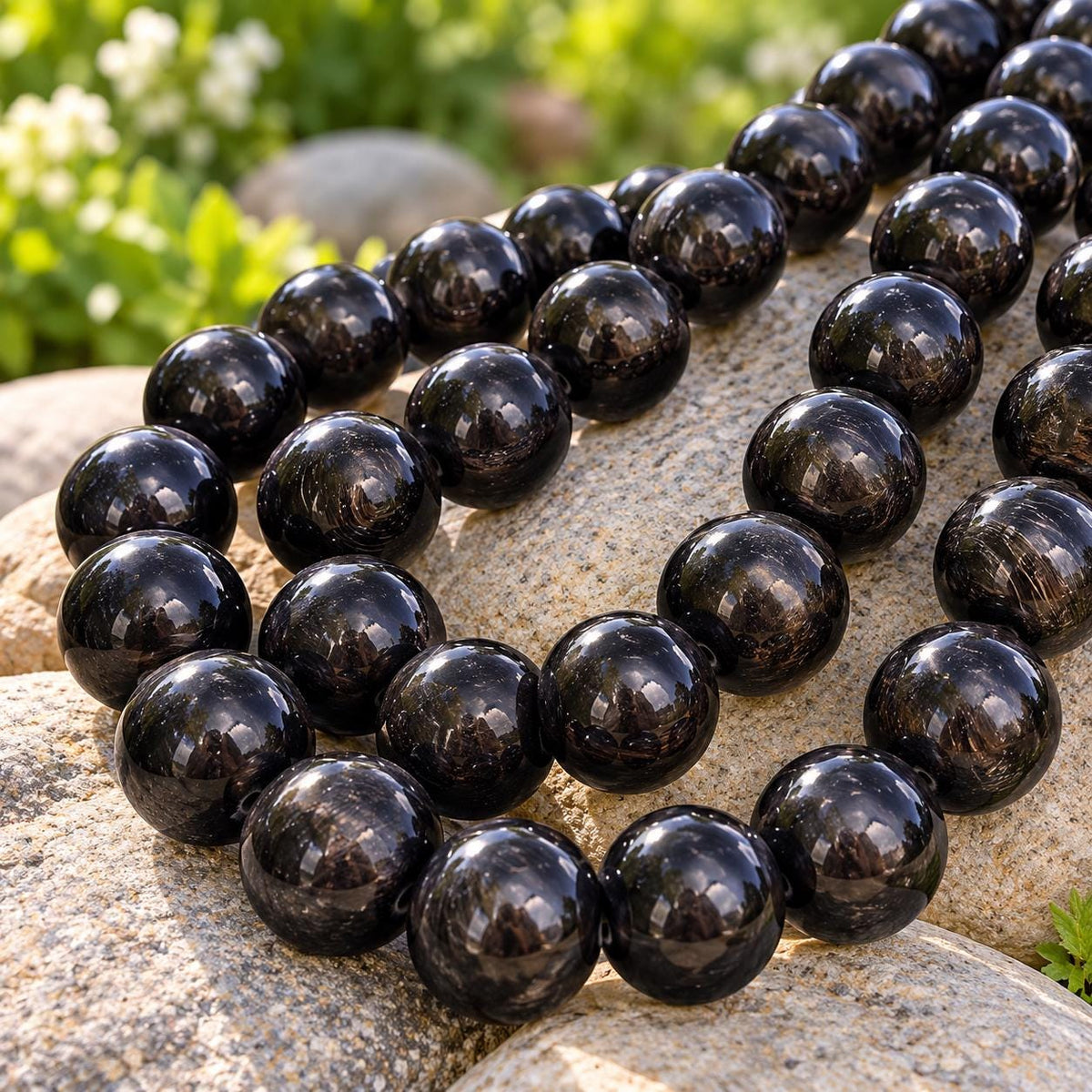 XL Real Buffalo HORN Beads - Black Luster Premium Polished - Hand-Carved From Solid Horn Tip - Rare Find Gigantic Smooth Round - 15.5 Inch
