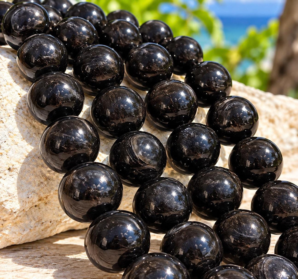 XL Real Buffalo HORN Beads - Black Luster Premium Polished - Hand-Carved From Solid Horn Tip - Rare Find Gigantic Smooth Round - 15.5 Inch
