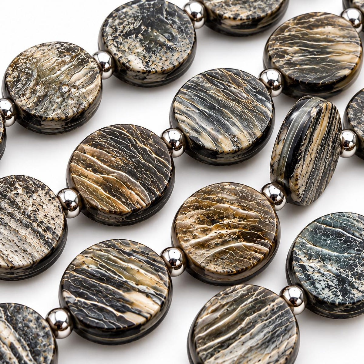 Real Buffalo HORN Beads - Natural Grooved Texture Double-Sided Rough Unpolished Coin Shape - 15.5 Inch