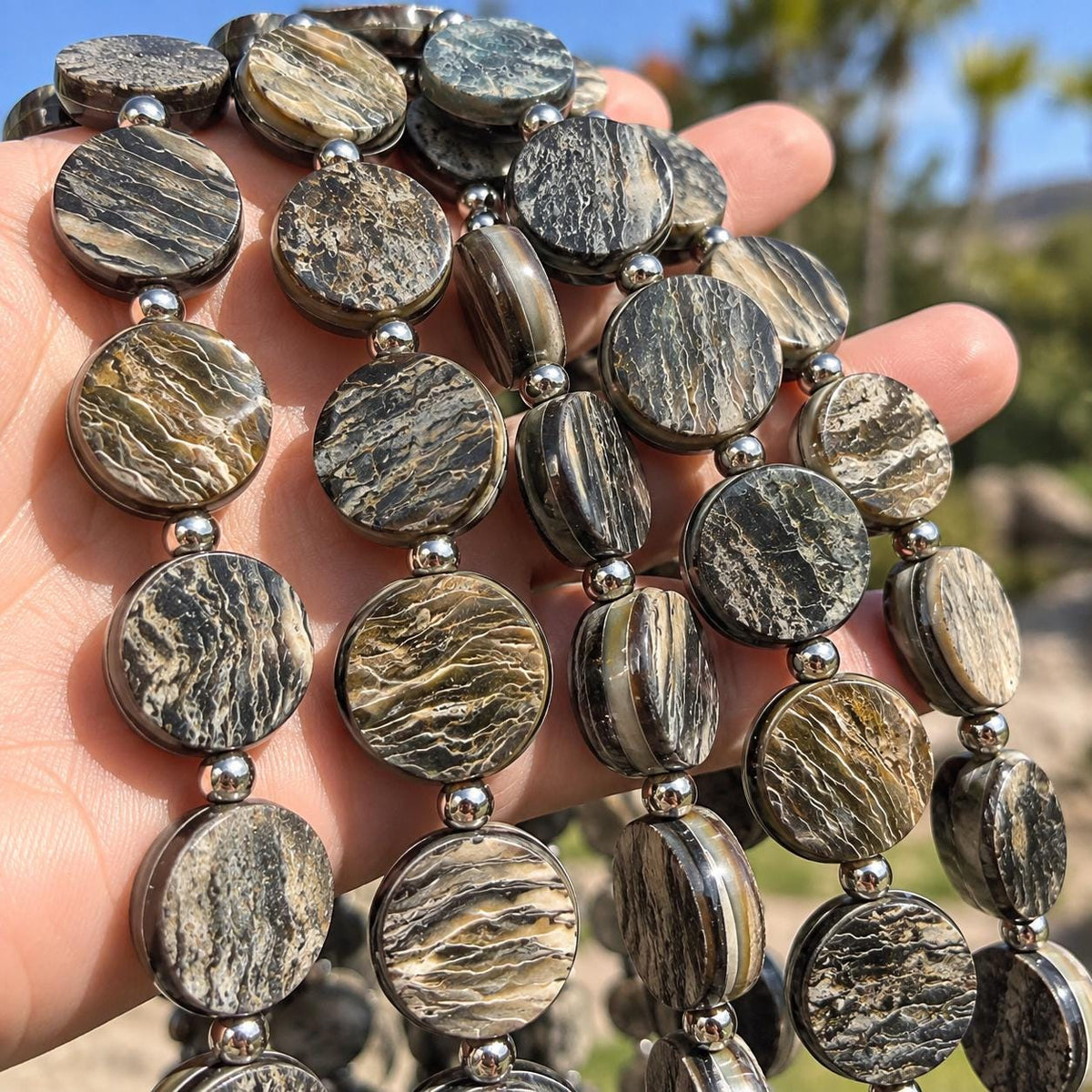 Real Buffalo HORN Beads - Natural Grooved Texture Double-Sided Rough Unpolished Coin Shape - 15.5 Inch