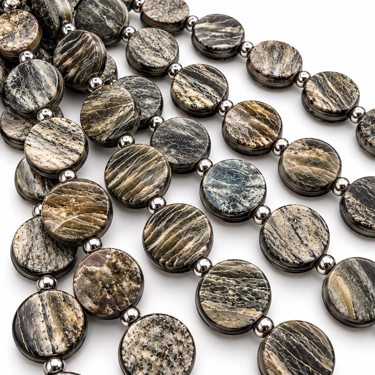 Real Buffalo HORN Beads - Natural Grooved Texture Double-Sided Rough Unpolished Coin Shape - 15.5 Inch