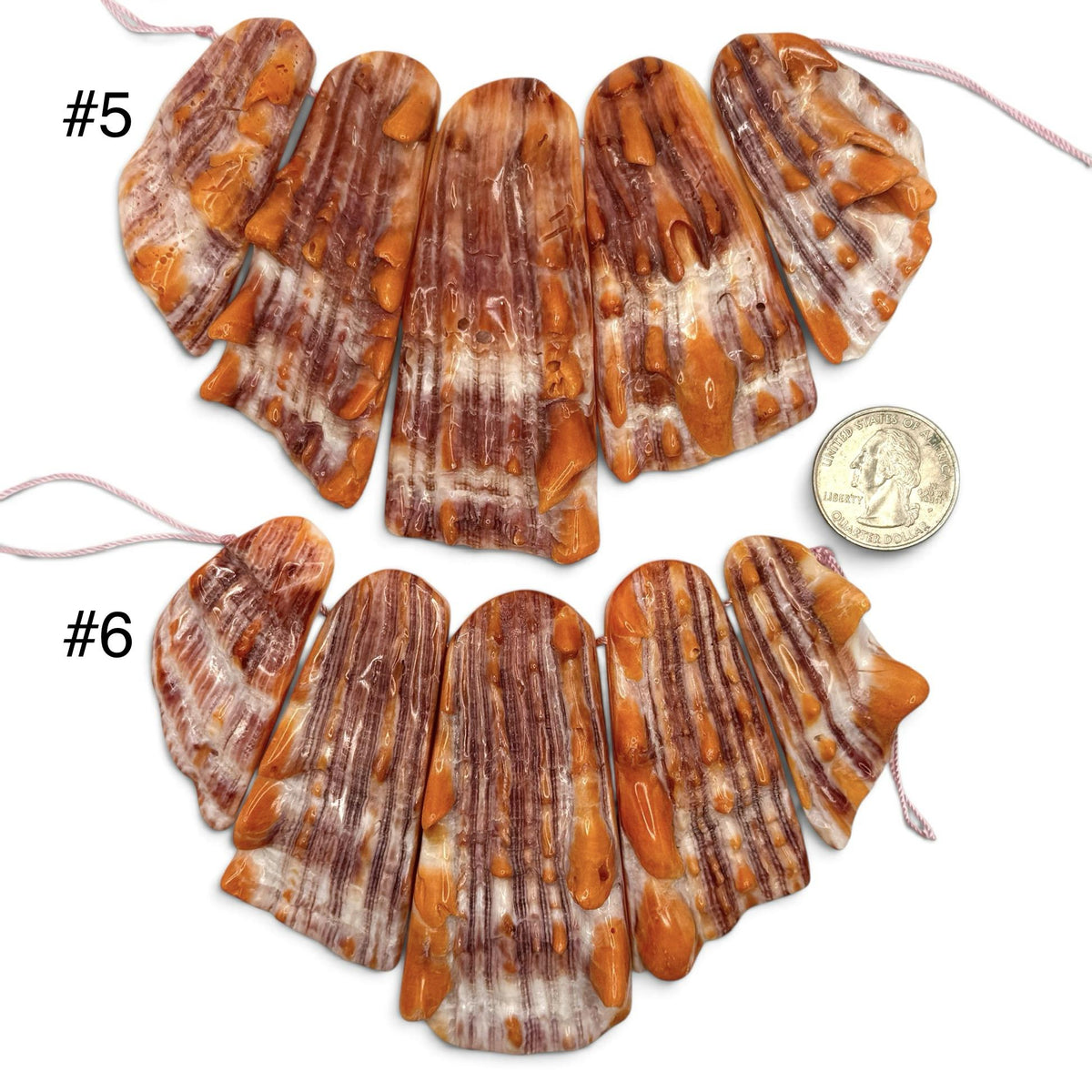 Bundle-5 Pcs Spiny Oyster Shell Beads Pendant Mexico (Cut From One Single Gigantic Shell) One-of-a-Kind Freeform Top-Drilled (D101)