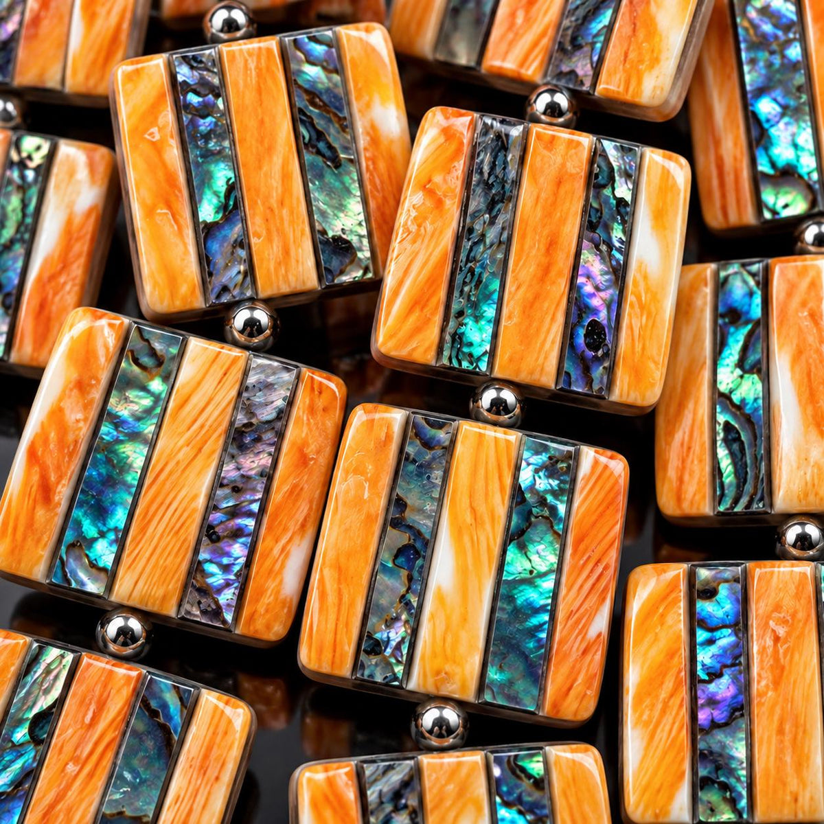 Spiny Oyster Shell Beads & Abalone Shell Inlay Beads - 3D Groove Texture Surface - Native American Style - Double Sided 20mm Square (G501)