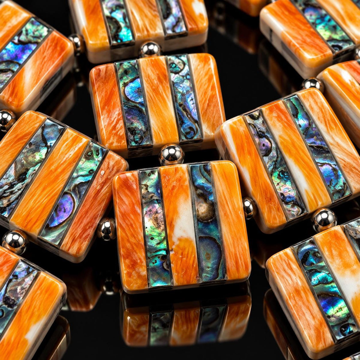Spiny Oyster Shell Beads & Abalone Shell Inlay Beads - 3D Groove Texture Surface - Native American Style - Double Sided 20mm Square (G501)
