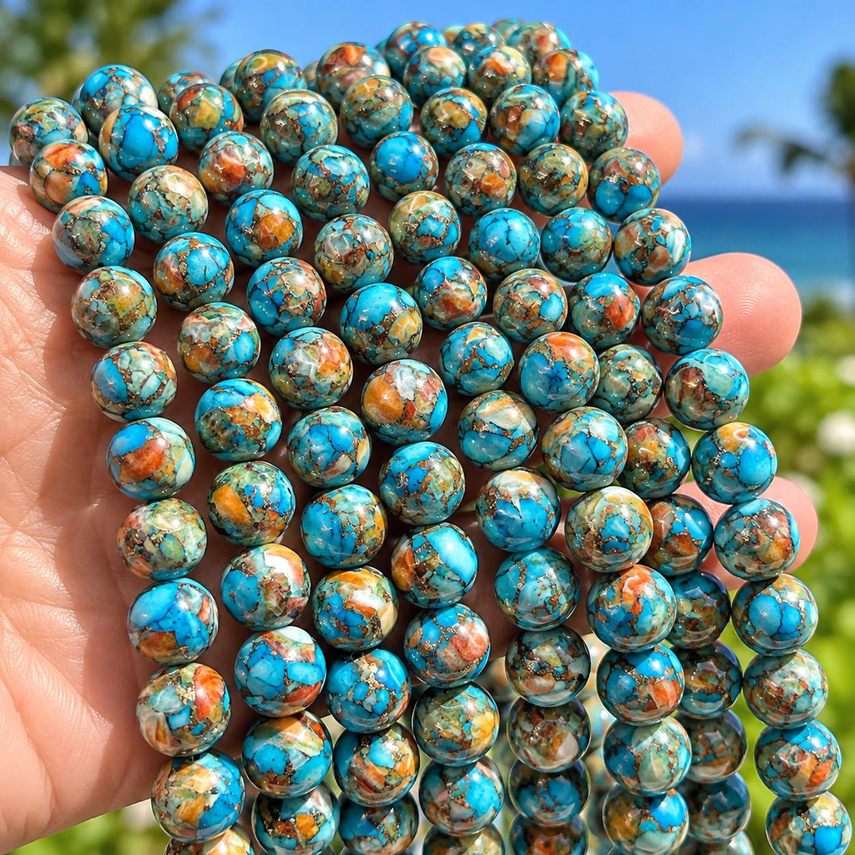 2in1 Spiny Oyster Shell & Mohave Copper Turquoise Beads - Not Dyed or Color Enhanced - Small Batch Production - Composite Inlay Round 10mm