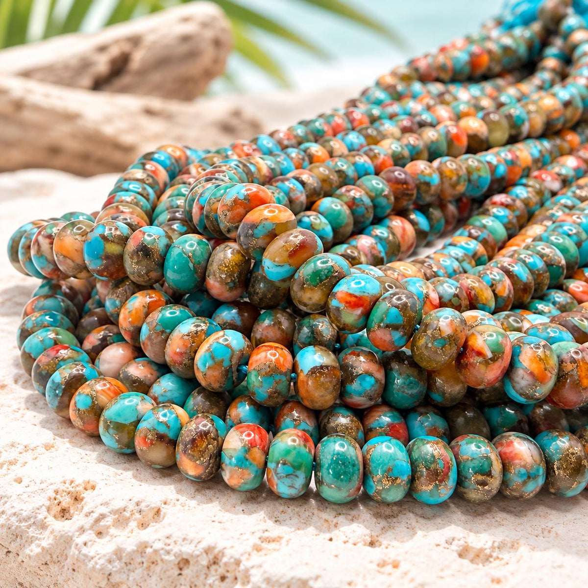 3in1 Baltic AMBER, Spiny Oyster Shell & Mohave Copper Turquoise Beads AAA - Not Dyed or Color Enhanced- Rare Find - Composite Inlay Rondelle