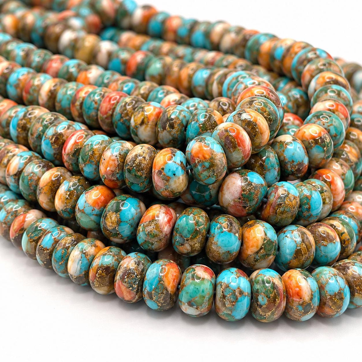 3in1 Baltic AMBER, Spiny Oyster Shell & Mohave Copper Turquoise Beads AAA - Not Dyed or Color Enhanced- Rare Find - Composite Inlay Rondelle