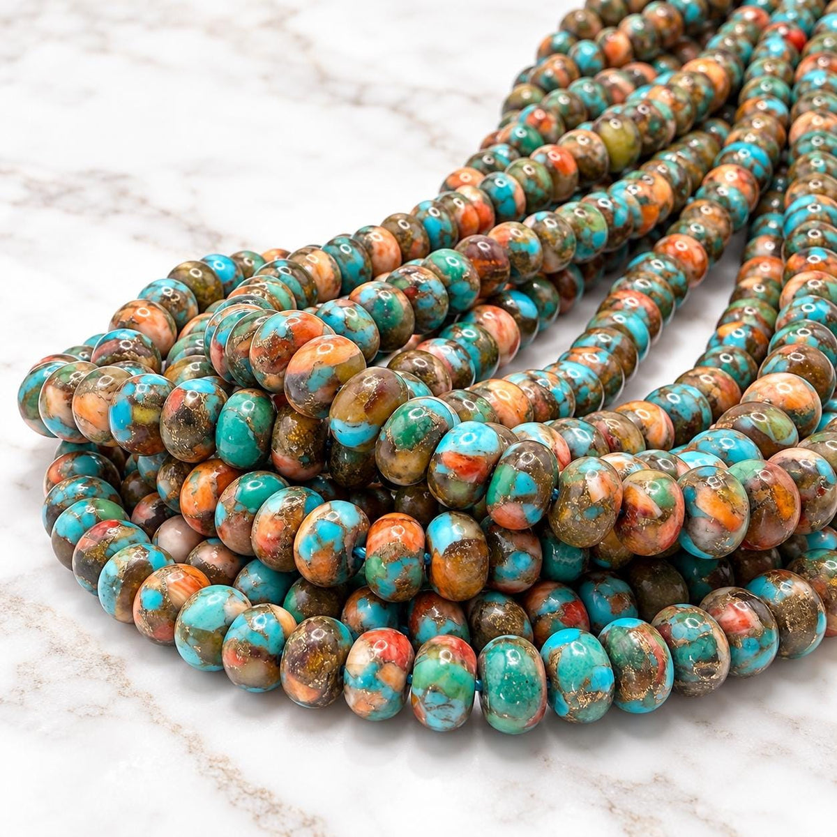 3in1 Baltic AMBER, Spiny Oyster Shell & Mohave Copper Turquoise Beads AAA - Not Dyed or Color Enhanced- Rare Find - Composite Inlay Rondelle