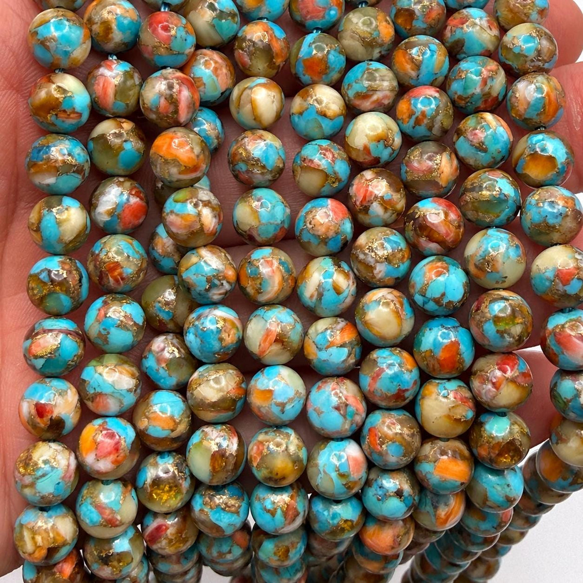 3in1 Baltic AMBER, Spiny Oyster Shell & Mohave Copper Turquoise Beads AAA- Not Dyed or Color Enhanced- Rare Find - Composite Inlay 8mm Round