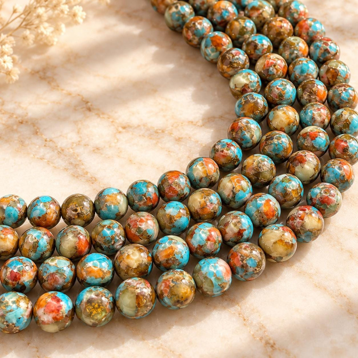 3in1 Baltic AMBER, Spiny Oyster Shell & Mohave Copper Turquoise Beads AAA- Not Dyed or Color Enhanced- Rare Find - Composite Inlay 8mm Round