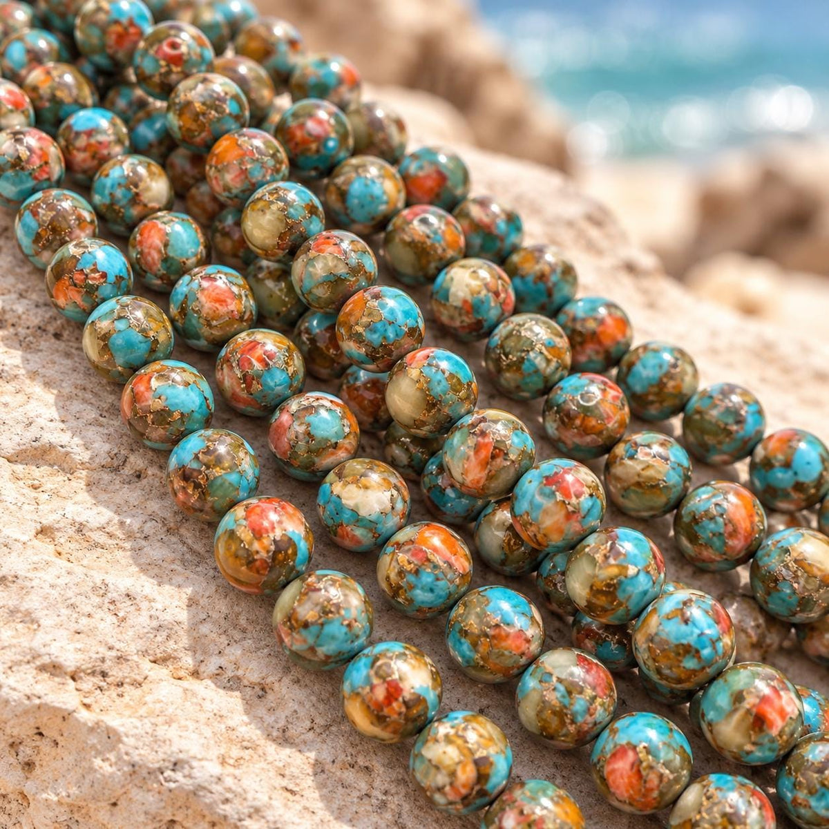 3in1 Baltic AMBER, Spiny Oyster Shell & Mohave Copper Turquoise Beads AAA- Not Dyed or Color Enhanced- Rare Find - Composite Inlay 8mm Round