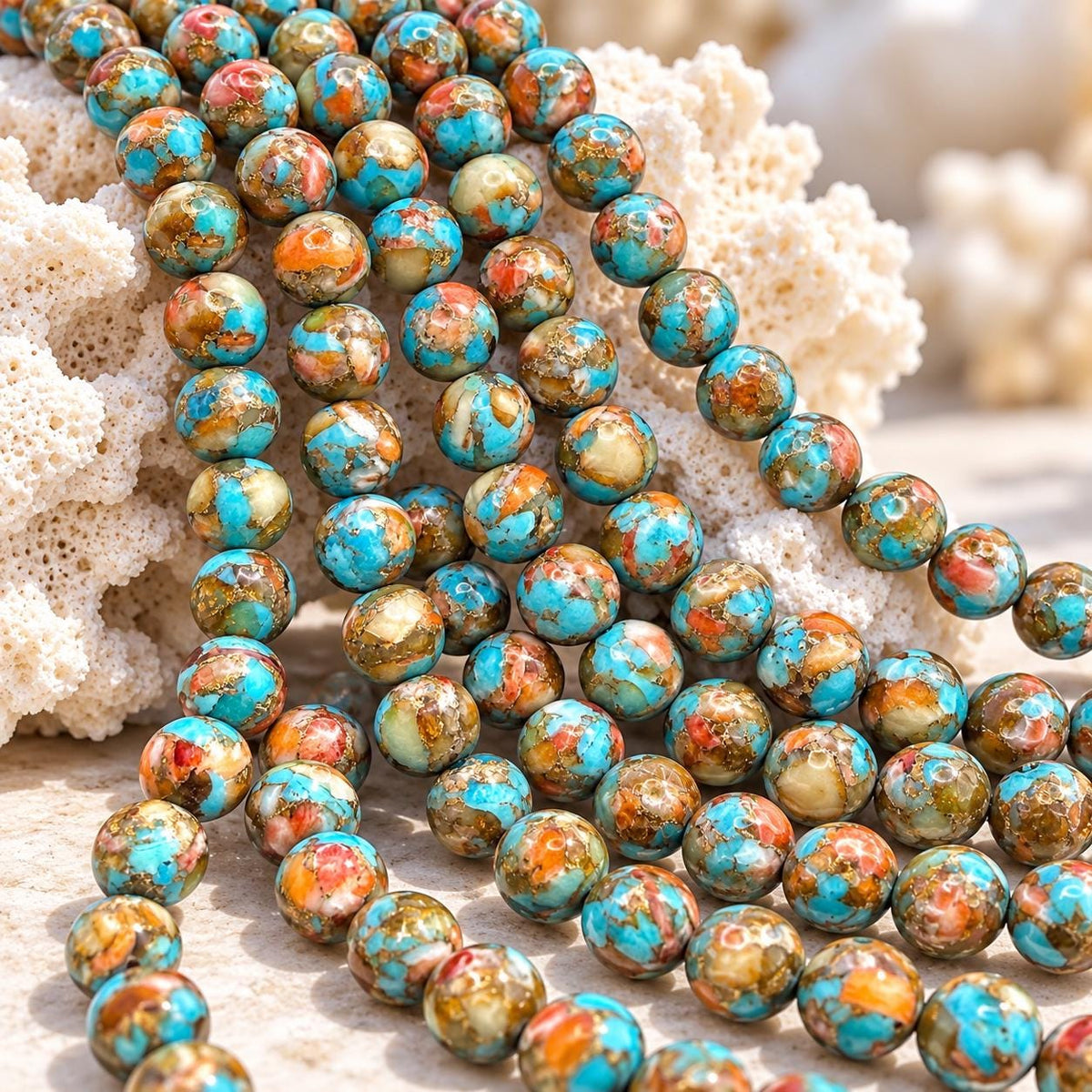 3in1 Baltic AMBER, Spiny Oyster Shell & Mohave Copper Turquoise Beads AAA- Not Dyed or Color Enhanced- Rare Find - Composite Inlay 8mm Round
