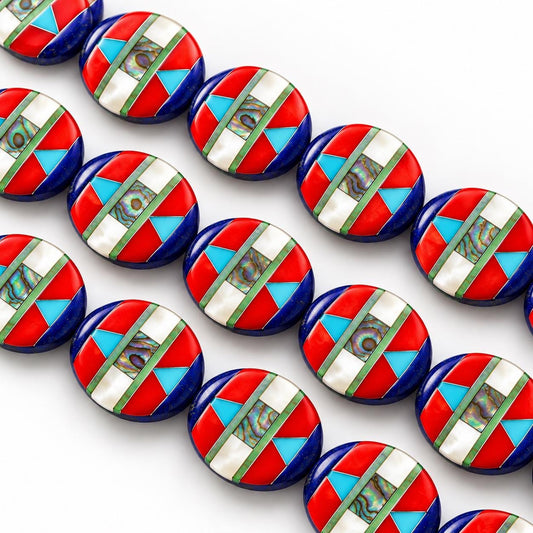 Native Style Inlay Beads - Abalone, Turquoise, Lapis Lazuli, Coral and Mother of Pearl - Double Sided 20mm Coin - 8 Inches - 10 Beads (F404)