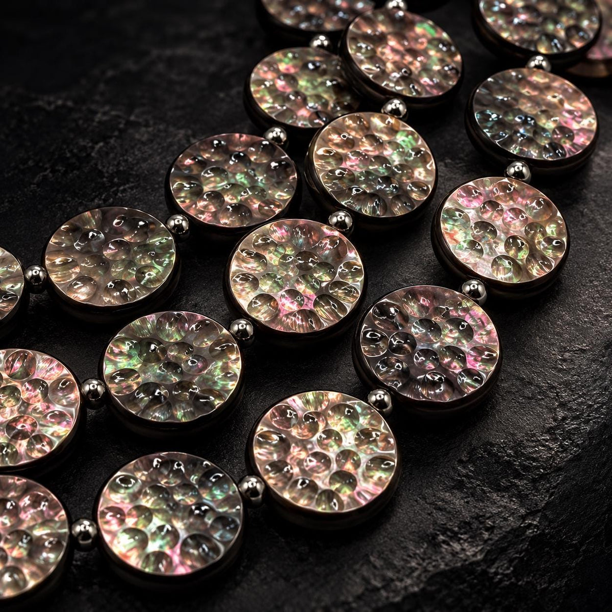 Tahitian Black Lip Oyster Shell Beads 3D Bubble Texture - Never Dyed or Color Enhanced - Iridescent Double Sided Coin 20mm - 16 Pcs (G402)