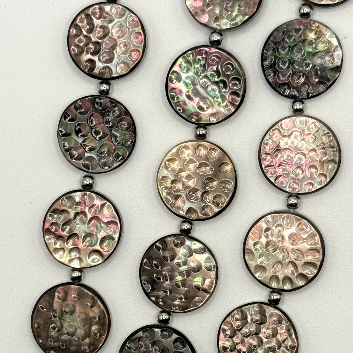 Tahitian Black Lip Oyster Shell Beads 3D Bubble Texture - Never Dyed or Color Enhanced - Iridescent Double Sided Coin 20mm - 16 Pcs (G402)