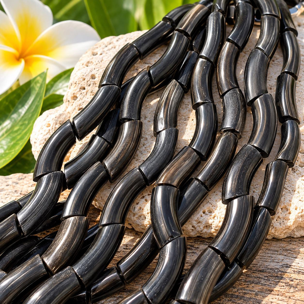 Real Buffalo HORN Beads - Black Luster Premium Polished - Naturally Curved Tube - Hand-Carved From Solid Horn Tip