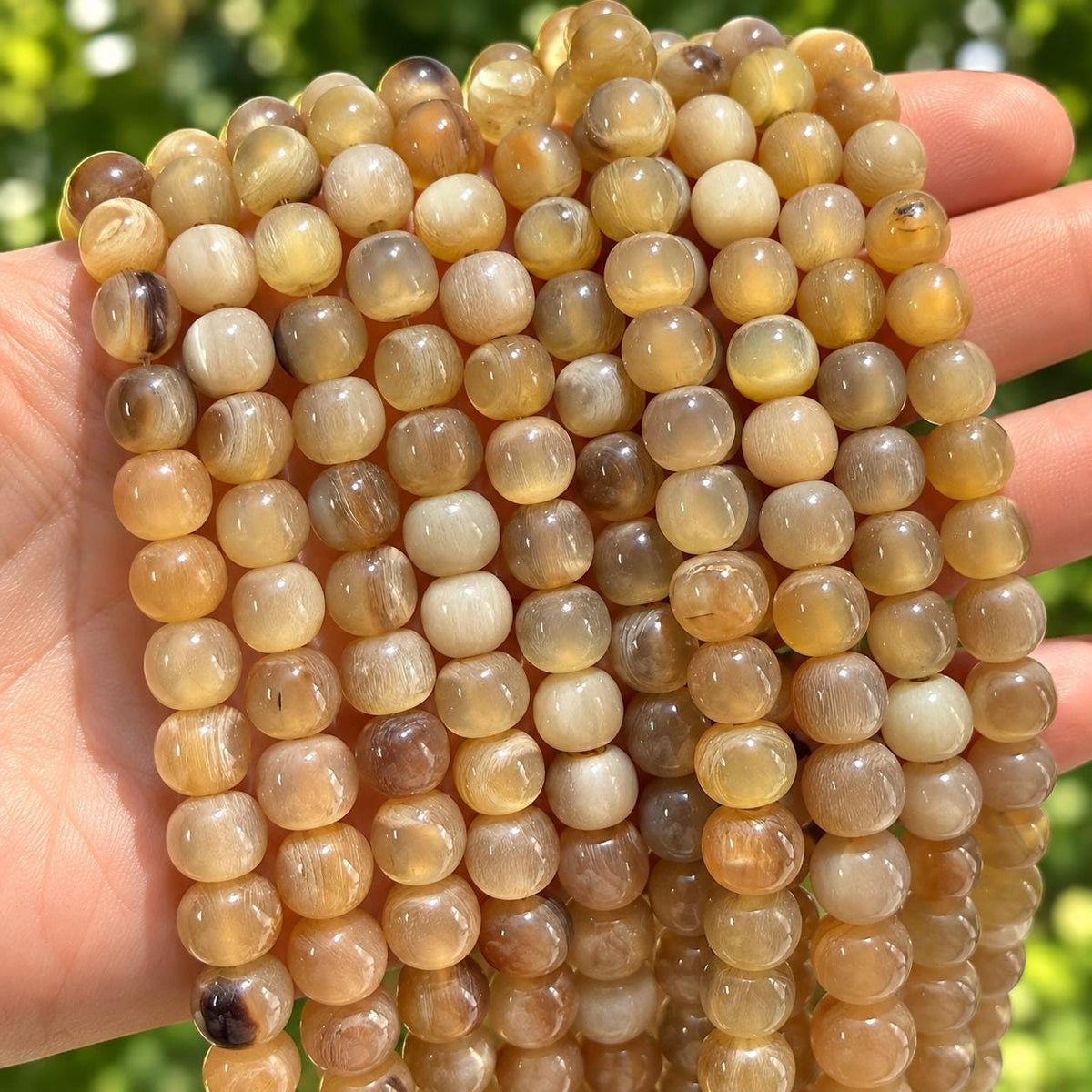 Real Buffalo HORN Beads - Amber-Tone Premium Polished - Hand-Carved From Solid Horn Tip - Smooth Off-Round - 15.5 Inch